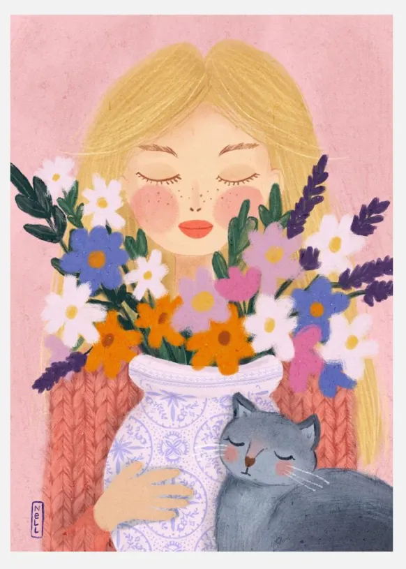 A Girl And Her Cat Canvastavla (30x40 cm)