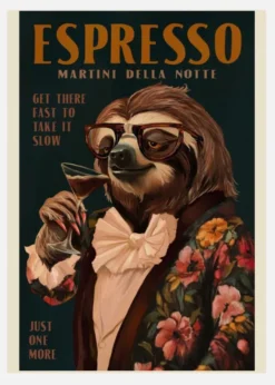 Art Deco Espresso Martini Drinking Sloth Canvastavla (30x40 cm)