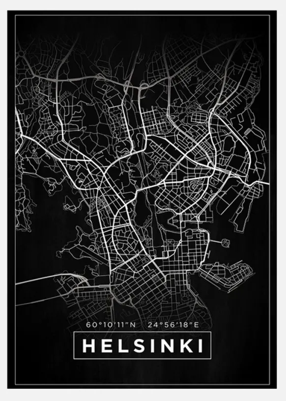 Karta - Helsinki - Svart Canvastavla (30x40 cm)