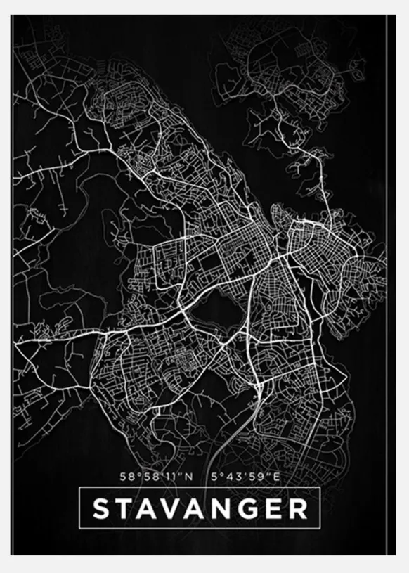Karta - Stavanger - Svart Canvastavla (30x40 cm)