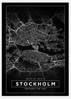 Karta - Stockholm - Svart Canvastavla (30x40 cm)