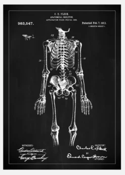 Patentritning - Anatomiskt Skelett I - Svart Canvastavla (30x40 cm)