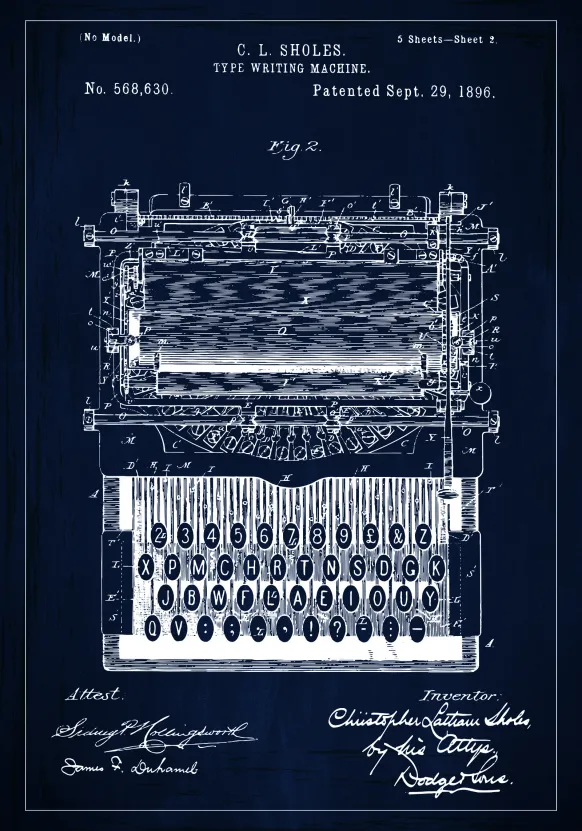 Patentritning - Skrivmaskin - Blå Poster (21x29.7 cm (A4))