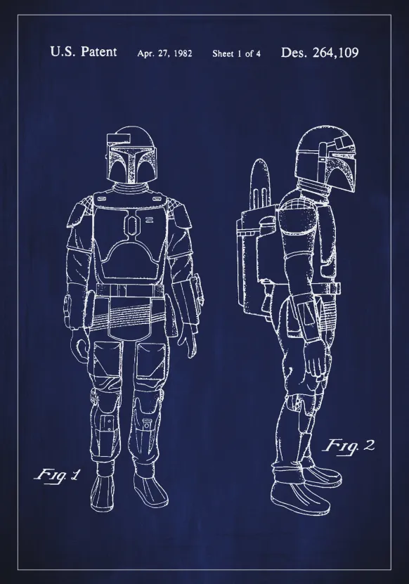 Patentritning - Star Wars - Boba Fett - Blå Poster (21x29.7 cm (A4))