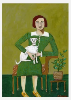 Vintage Lady With Her White Dog Canvastavla (30x40 cm)