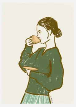 Woman Drinking Tea In Green Canvastavla (30x40 cm)